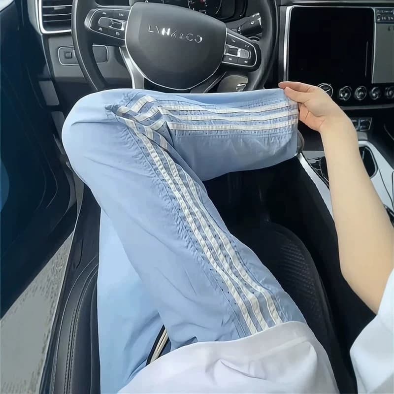 Sky Blue Laser Perforated Breathable Casual Pants for Men, Summer Thin Style, American Three-Stripe Ice Silk Quick-Dry Straight Leg Pants