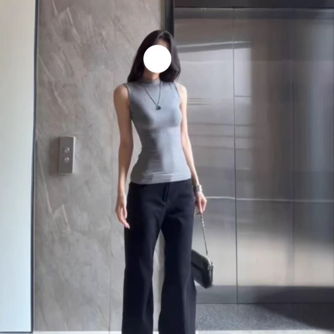 American Style Hot Girl Gray Mock Neck Sleeveless Vest T-Shirt Women Summer Stretch Tight Slimming Chic Base Top