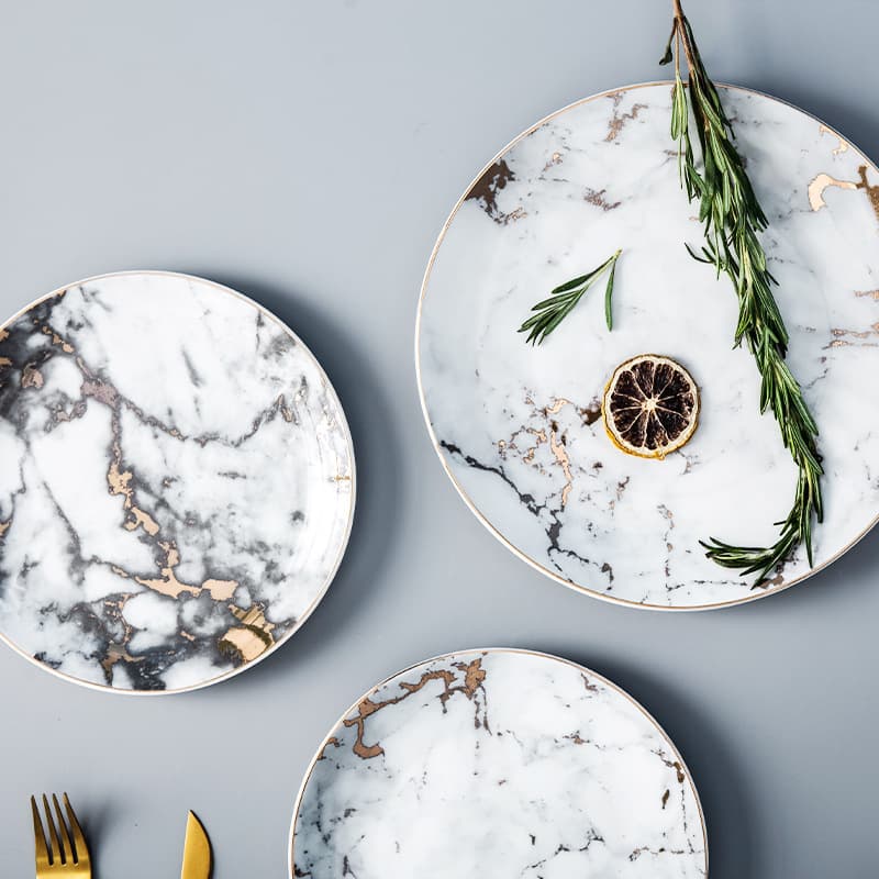 Retro Marble Pattern Ceramic Plate Fashionable Luxury Steak Salad Plate High Aesthetic Value Home Dining Utensils round Shape Microwave Safe