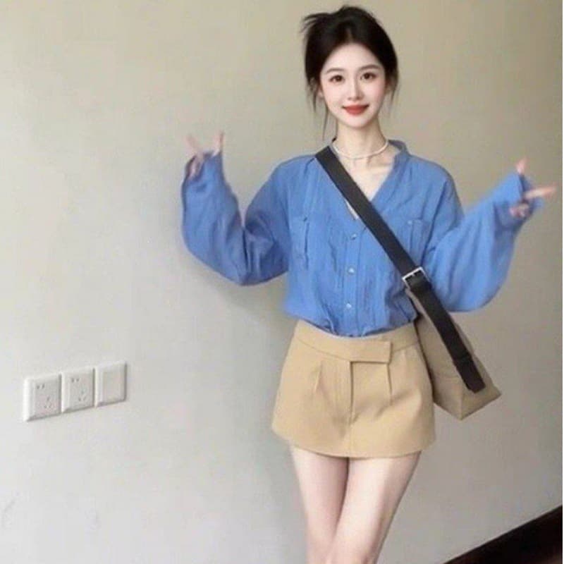Solid Price Old Money Style Blue Stand Collar Long Sleeve Blouse for Women Summer Loose Slimming Shirt Elegant Versatile Cardigan Top