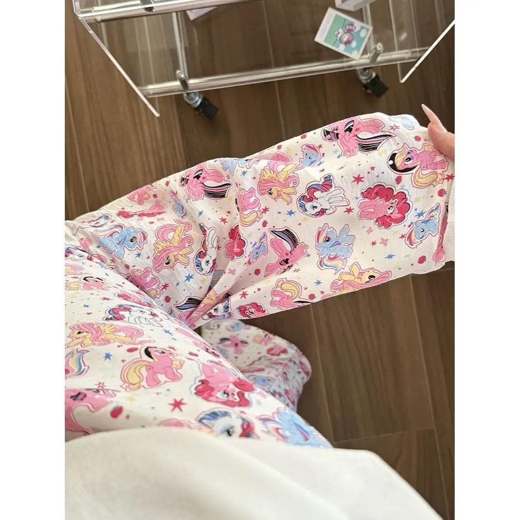 Spring/Summer Cartoon Print Cloud Cotton Pajama Pants for Women, Straight Leg, Casual, Cute, Versatile, Long Pants for Walking, Can Be Worn Outside or at Home