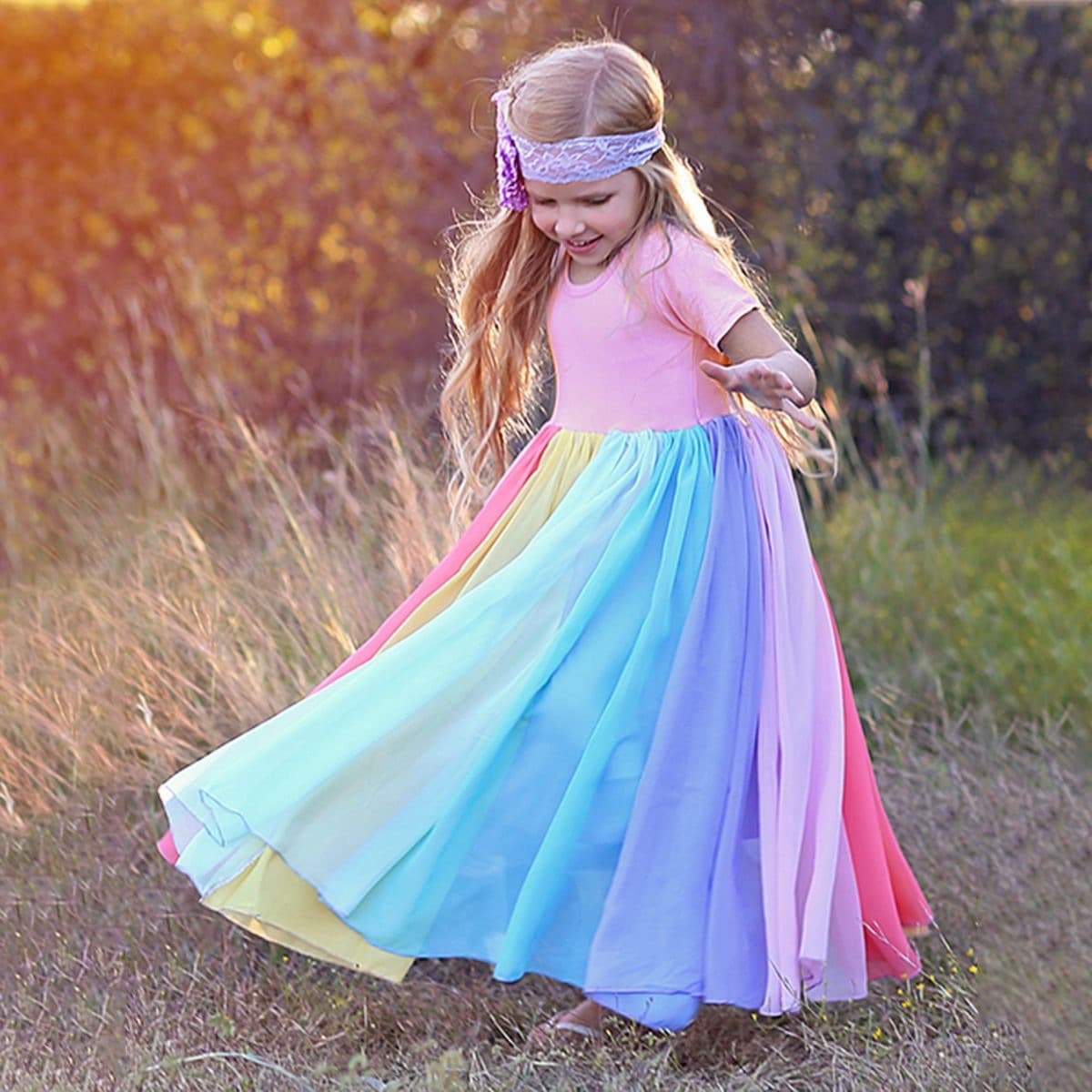 Girls Rainbow Dress 2026 Summer New Short Sleeve + Rainbow Chiffon Patchwork Dress Rainbow Princess Dress