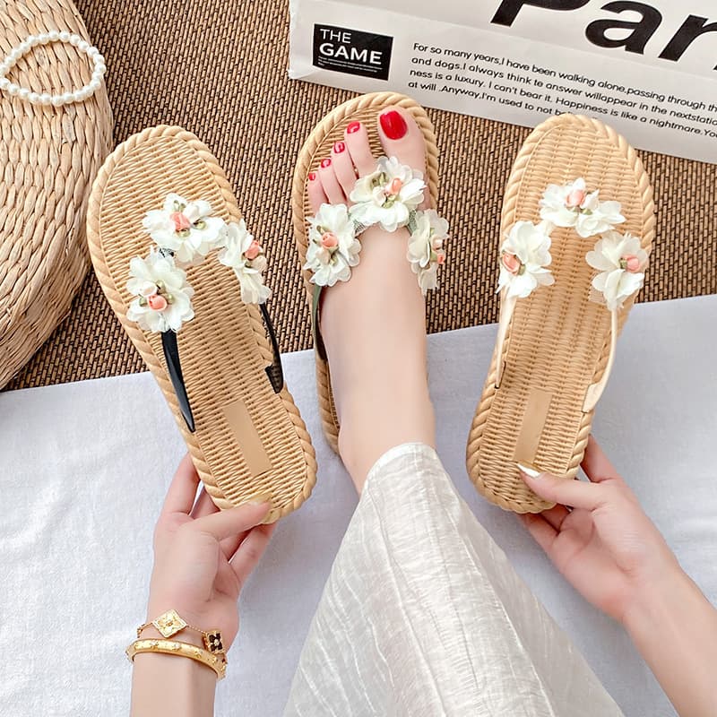 Flower Flip-Flops for Women's Summer Outer Wear 2024 New Seaside Beach Vacation Fairy Style Slippers Non-Slip and Wettable
