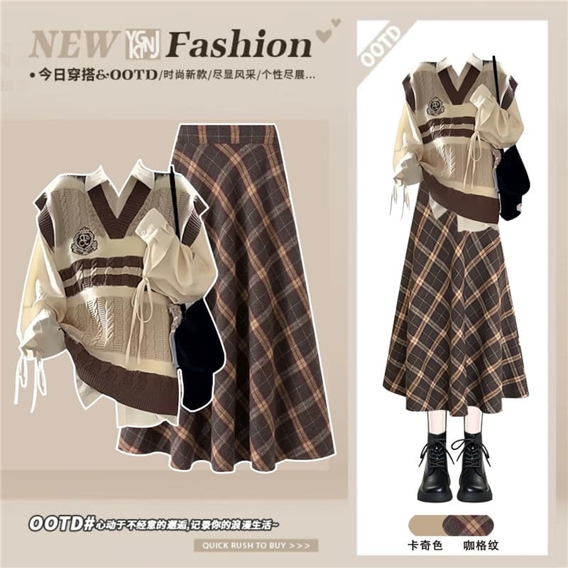 A complete Korean-style three-piece set for petite women, featuring a gentle and feminine look, including a shirt, knitted vest, and skirt.