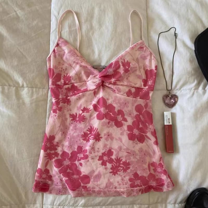 Vintage Pink Floral Print Casual Camisole Top for Women