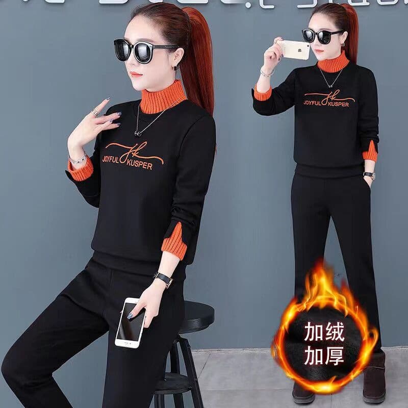 Fleece-Lined Thick Sports Set for Women Fall Winter New High Neck Knit Fashion Casual Sweatshirt Two-Piece Set