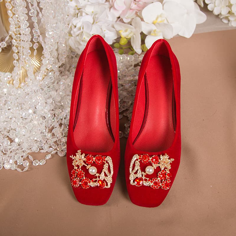 Red Wedding Shoes for Women, Chinese-style Xiuhe Suit Bride High Heels, Chunky Heel Square Toe Vintage Reception Dress Shoes, Comfortable