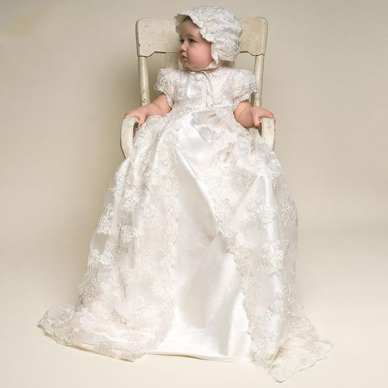 European and American Style Infant and Toddler One-Year-Old Baptism Formal Dress Long Lace Dress with Hat Two-Piece Set Children's Clothing Spring and Summer