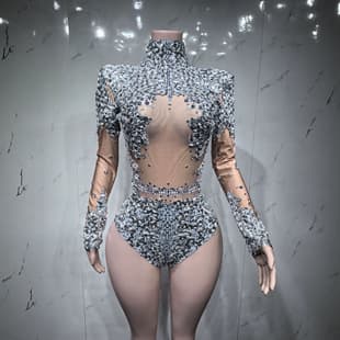 European-American Cross-border Rhinestone Sheer Long-sleeve Bodysuit Girl Group Stage Performance Costume Sexy Hot Girl Style High Stretch 2026