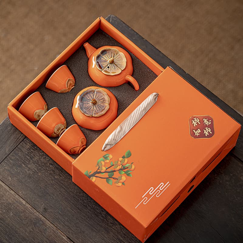 Ceramic Persimmon "Everything Goes Well" Tea Set Gift Box, Customizable Business Souvenir with Persimmon Teapot