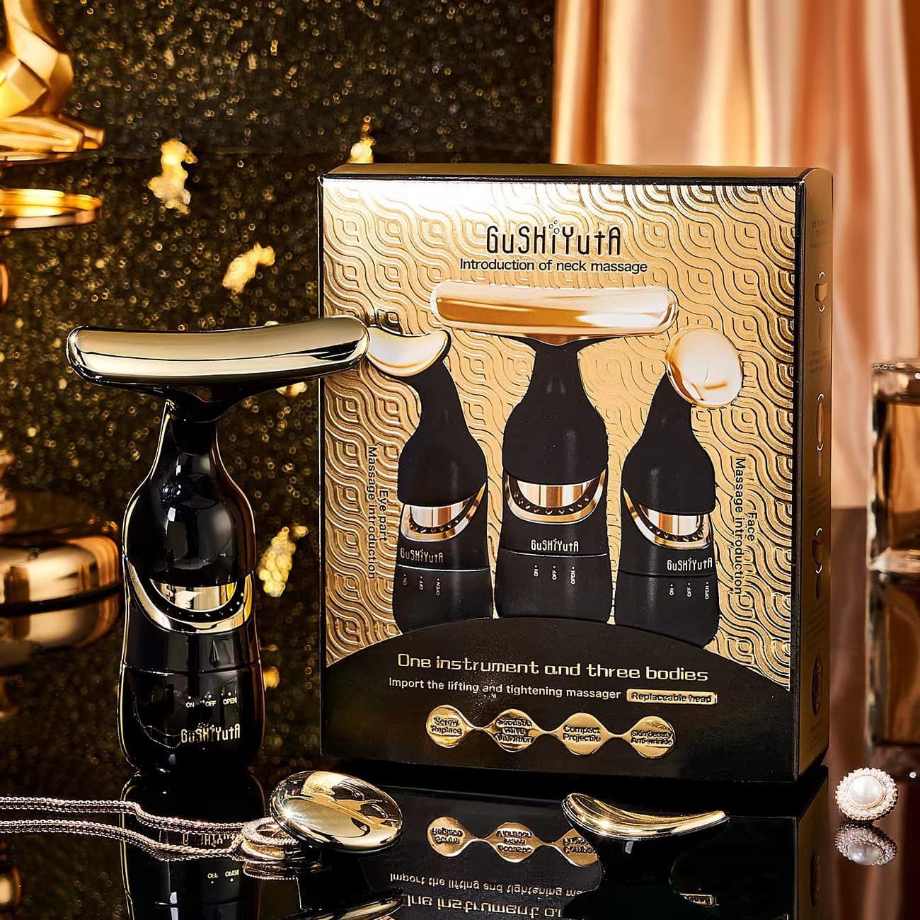 [Story and Her] Ultrasonic Black Gold Massager, Beauty Device, Portable Facial Massager for Men and Women
