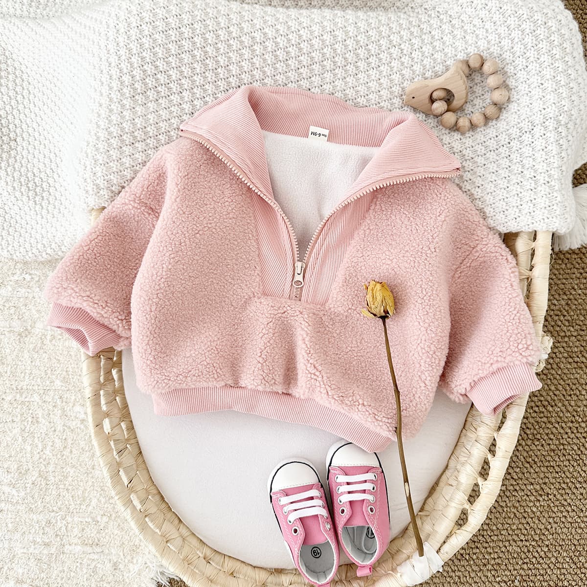 Winter Baby Clothing Boys Girls Thickened Fleece High Collar Zip-Up Hoodie Long Sleeve Top Sheepskin Fleece
