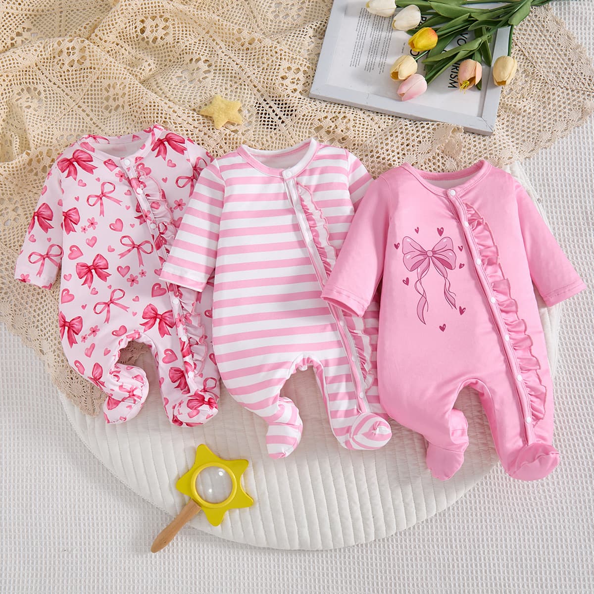3-Pack Baby Bodysuit for Girls, Bowknot Round Neck Newborn Footed Romper