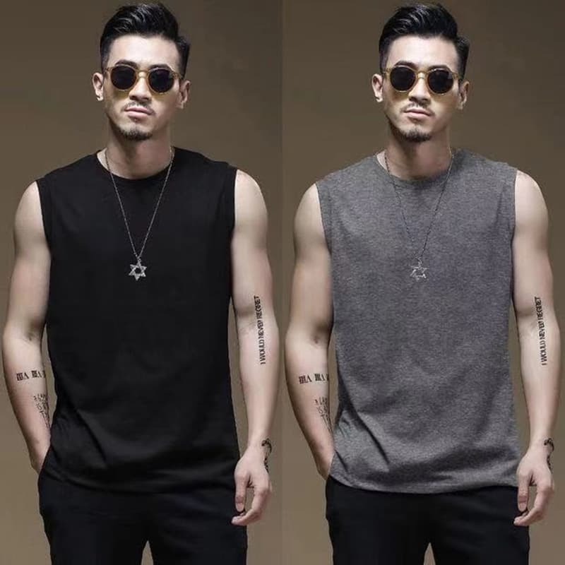 Summer Solid Color Round Neck Vest Men's Fitness Gym Tank Top Casual Broad Shoulder Sleeveless T-Shirt