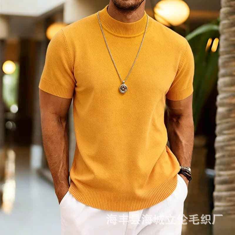 Autumn/Winter Men's Half-Turtleneck Knitted Short Sleeve Shirt, Korean Slim Fit, Solid Color, Casual Versatile Base Layer, Trendy