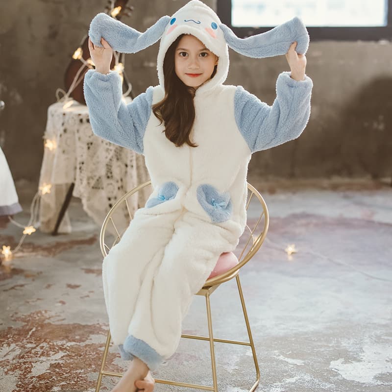 Girls' Autumn Winter Flannel Onesie Pajamas, Thickened, Cute Cinnamoroll Fleece Sleepwear