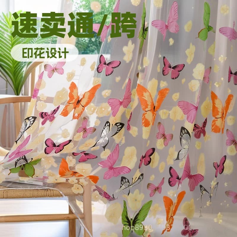 Manufacturer supplies large butterfly pattern curtains, burnt-out/printed large butterfly sheers, ready-made curtains for Amazon wholesale.