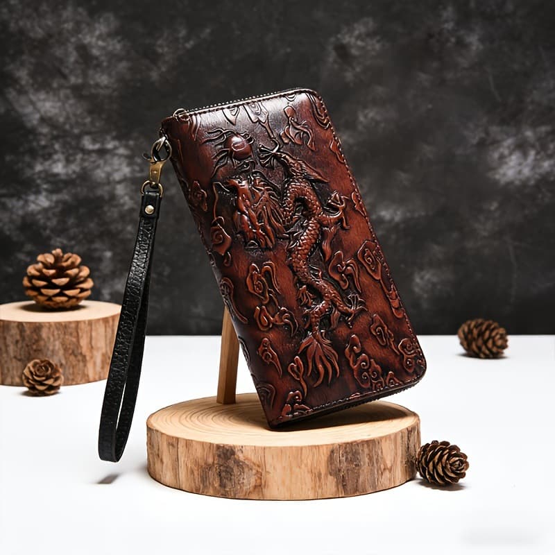 Retro Dragon Pattern Genuine Leather Long Zipper Wallet Engraved Men's Top Layer Cowhide Clutch Women's Business Card Holder