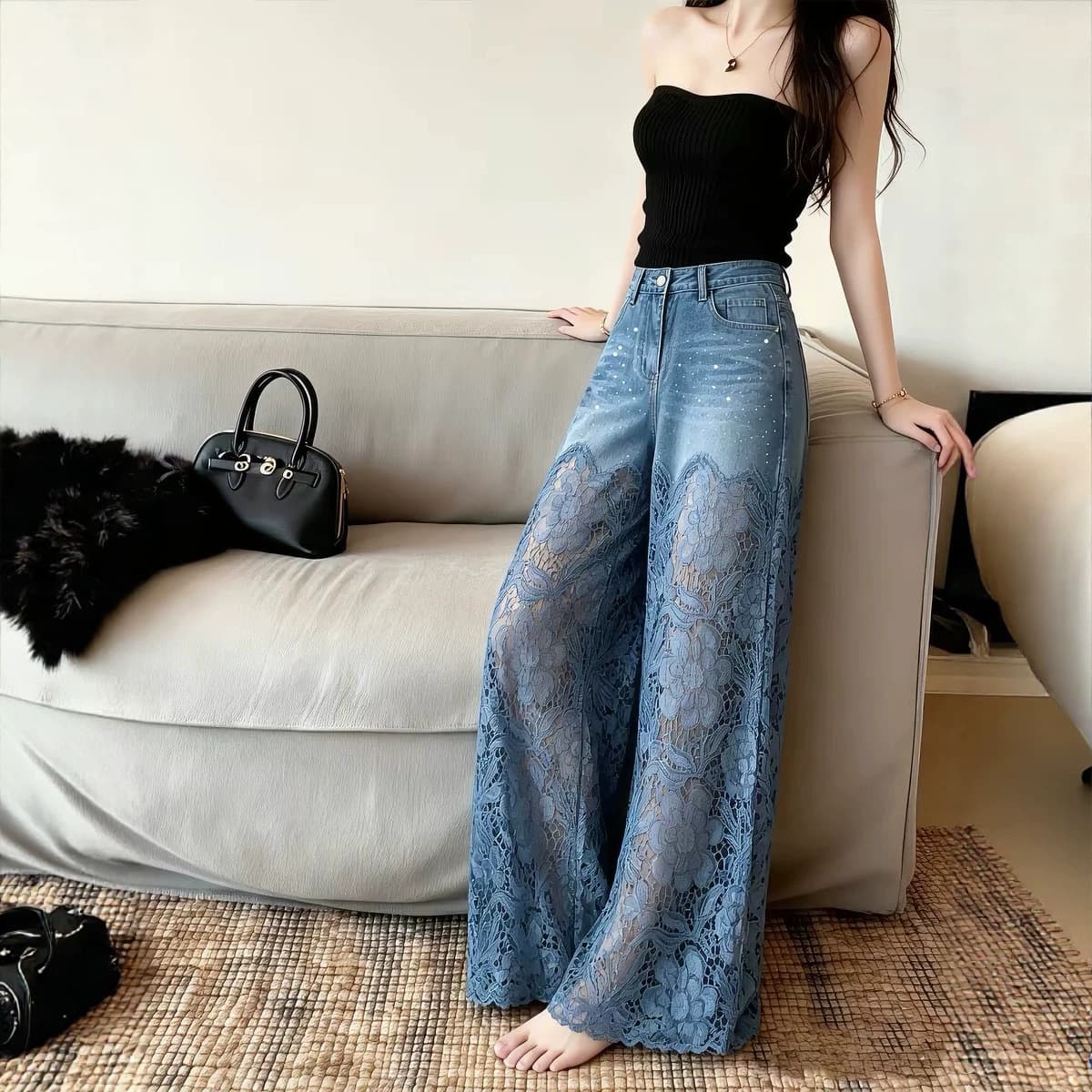 High-Waist Wide-Leg Pants for Women 2026 Spring/Autumn Fashionable, Versatile Hollow Lace Patchwork Denim Draped Pants