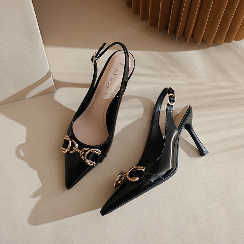French-Style Pointed-Toe Patent Leather High-Heeled Shoes for Women, with Thin Heels, Open Back, Horsebit Buckle, Shallow Mouth, Versatile Summer Shoes with a Stylish and Professional Look