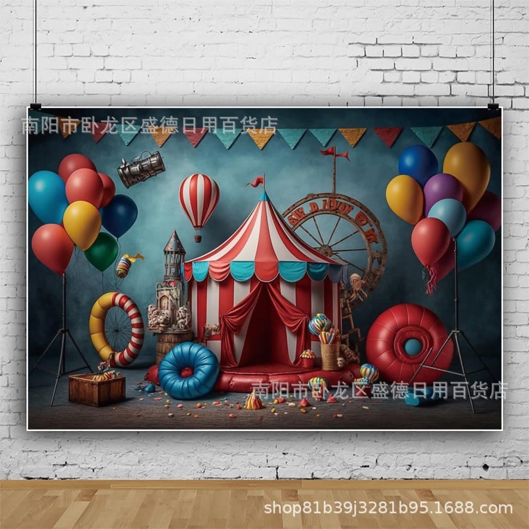 Retro colorful balloon tent photography background cloth foreign trade children girl circus birthday party decoration banner