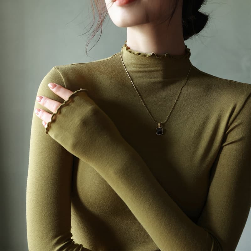 【Protein base top】Modal semi-high neck ruffle trim base shirt women's autumn/winter inner wear long sleeve top