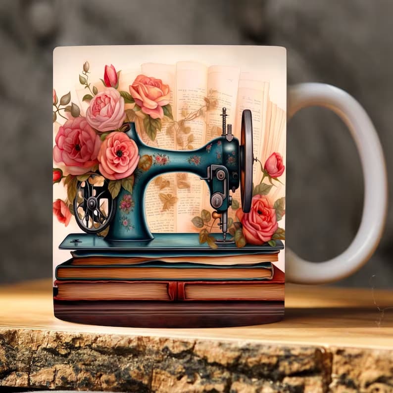 Ceramic Coffee Mug 3D Sewing Machine Design Book Lover's Cup Heat Resistant Modern Minimalist Style Office Universal Gift