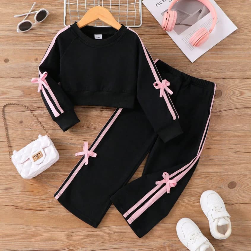 Cross-border autumn and winter children's suit casual sports style long-sleeved sweatshirt + pink drawstring trousers cute two-piece set