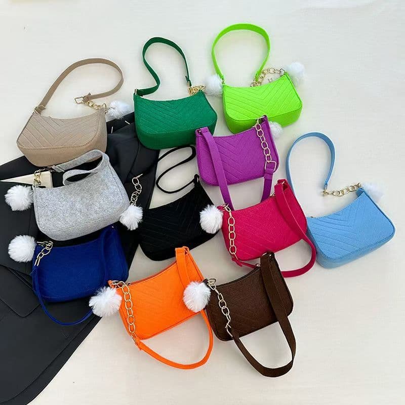 Solid Color Pom-Pom Women's Bag 2025 Winter New Style Fresh Felt Underarm Bag Embossed Fashionable Single Shoulder Chic Small Square Bag