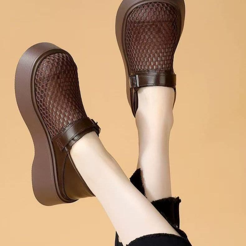 2026 Summer New Mary Jane Single Strap Buckle Shallow Mouth Thick Sole Hollow Woven Mesh Loafer Shoes for Women