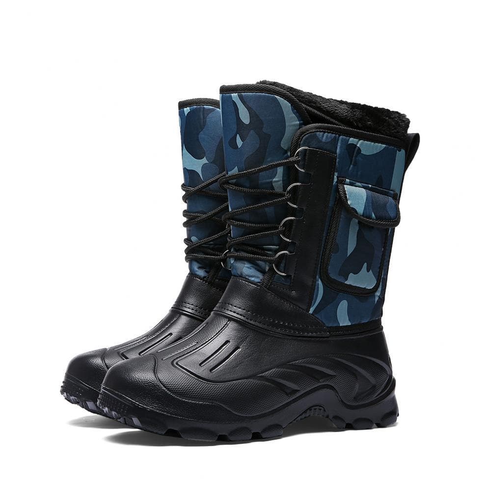 Blue camouflage waterproof outdoor snow boots, waterproof thick-soled snow boots, men's thickened warm boots