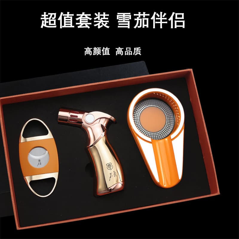 Cigar Cutter Windproof Jet Flame Cigar Lighter Three-in-One Set with Cigar Ashtray Trio Kit Factory Wholesale