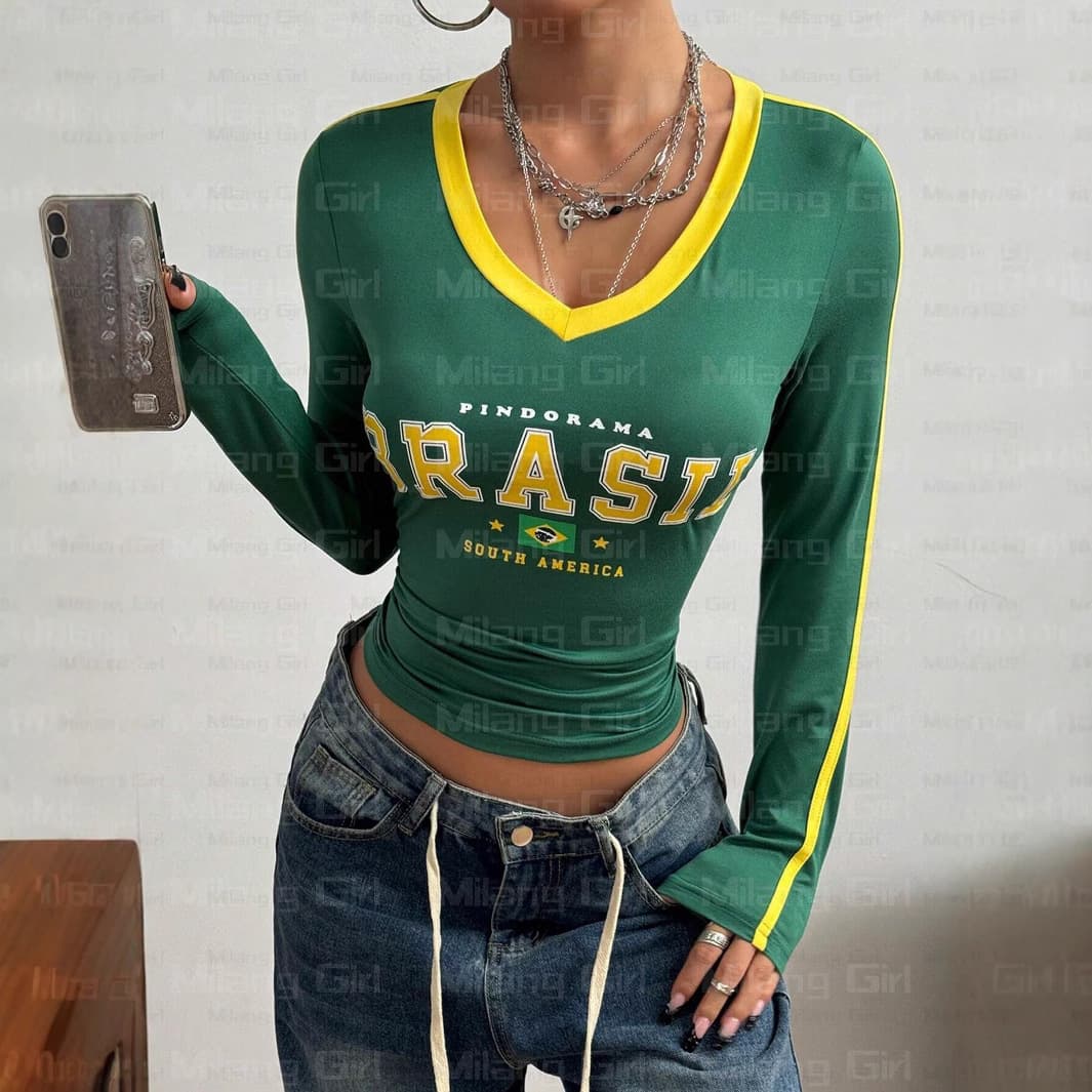 American New Y2K Letter Brazil Print Contrast Color Long Sleeve Cropped Sporty Fitted T-Shirt Top