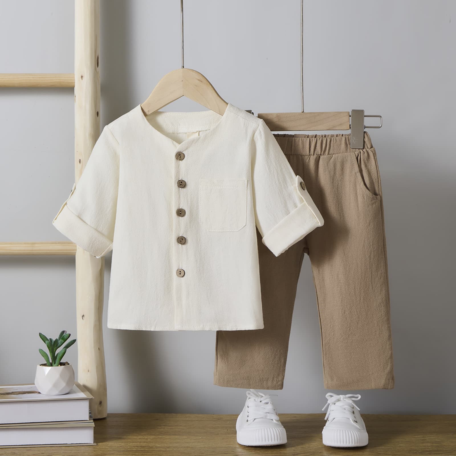 Baby early autumn long-sleeved roll-sleeved two-wear shirt + casual elastic overalls trousers infant and child set