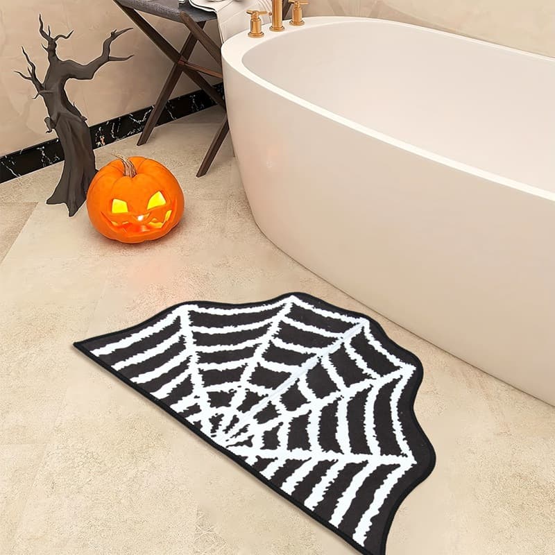 1-pack Halloween spider web pattern kitchen rug (black), unique shape, durable and easy to clean