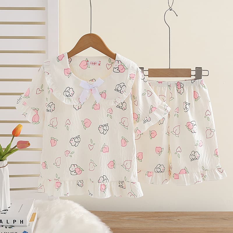 Cartoon Girls Pajama Set 2-Piece Summer Thin Short Sleeve Girls Older Children Students Junior High Cloud Cotton Loungewear