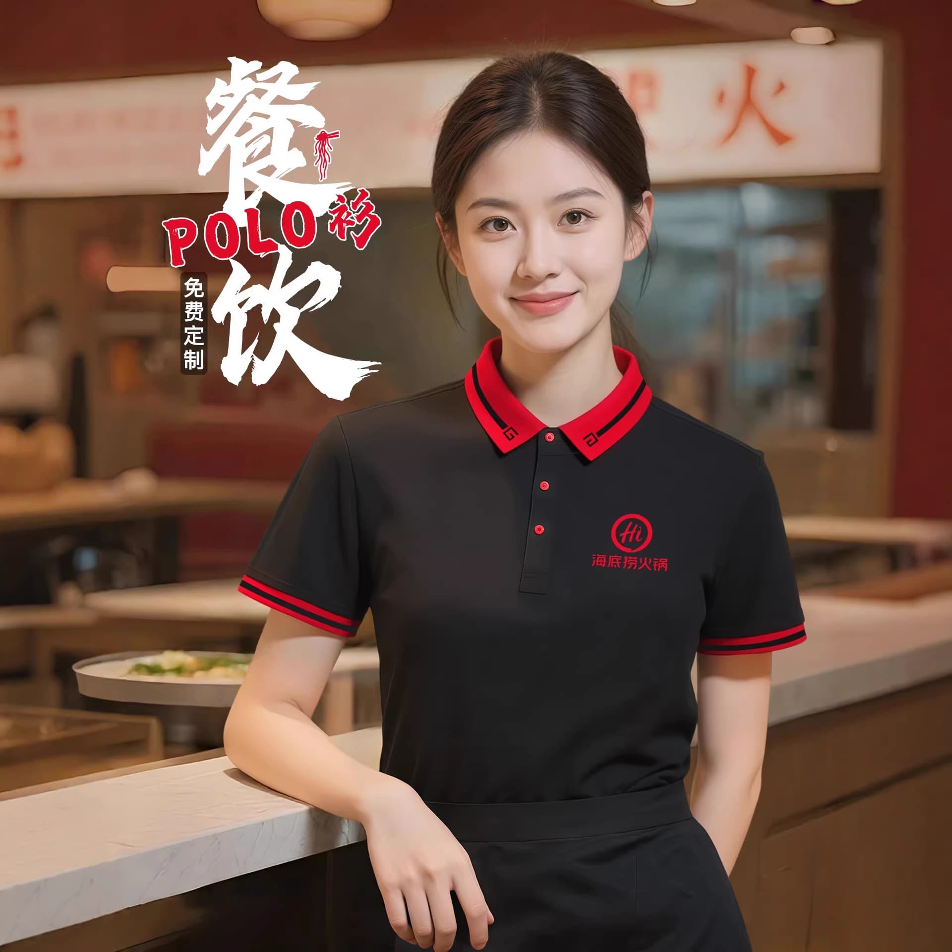 Custom round neck T-shirt for catering work uniforms with printed logo, summer hotpot restaurant server custom corporate culture shirt