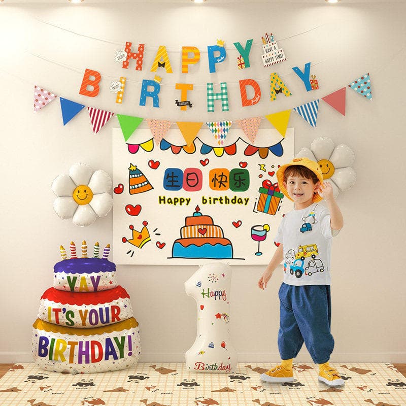 Children's 1st Birthday Scene Decoration for Boys, Number Balloon Theme Party, Age 1 with 3 Lights
