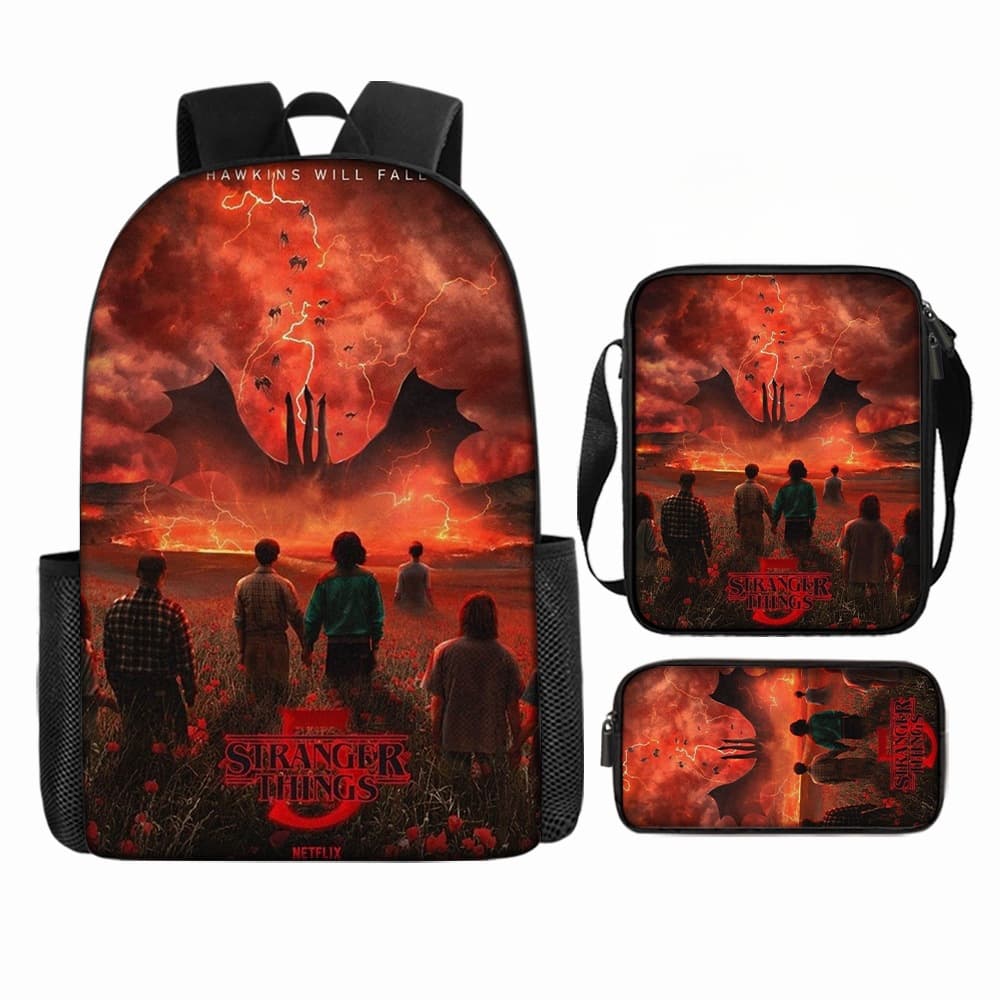American TV series Stranger Things 5 printed backpack youth schoolbag shoulder bag pencil case Oxford cloth wear-resistant three-piece set