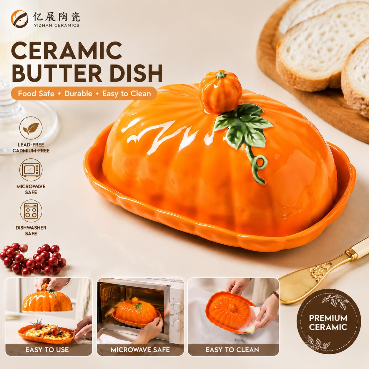 Creative Ceramic Pumpkin-Shaped Butter Dish with Lid, Food-Grade Butter Container, Microwave and Dishwasher Safe, Halloween Cross-Border Pottery