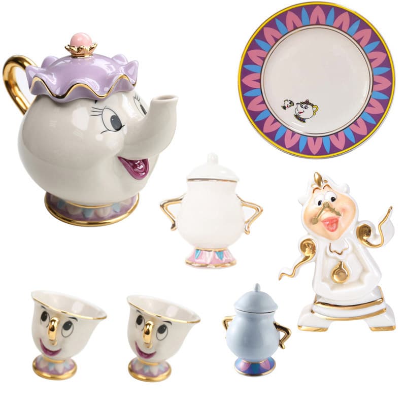 Beauty and the Beast Gold-Plated Ceramic Teapot Cup Tea Set Mrs. Potts Cup Gear Clock Gold-Plated Set