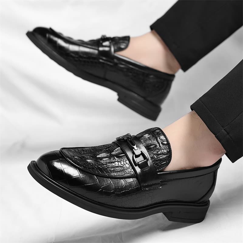 Men's Crocodile Embossed Pointed Toe Business Formal Slip-On Shoes, Pointed Wedding Groom Shoes, Drop Shipping