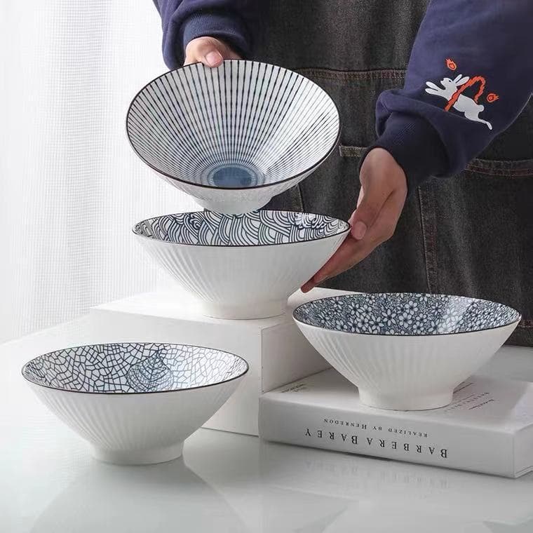 Japanese Ramen Bowl 8-inch Yamada-yaki Kasa Bowl Large Noodle Bowl Soup Bowl Home Use Vertical Grain Large Soup Bowl