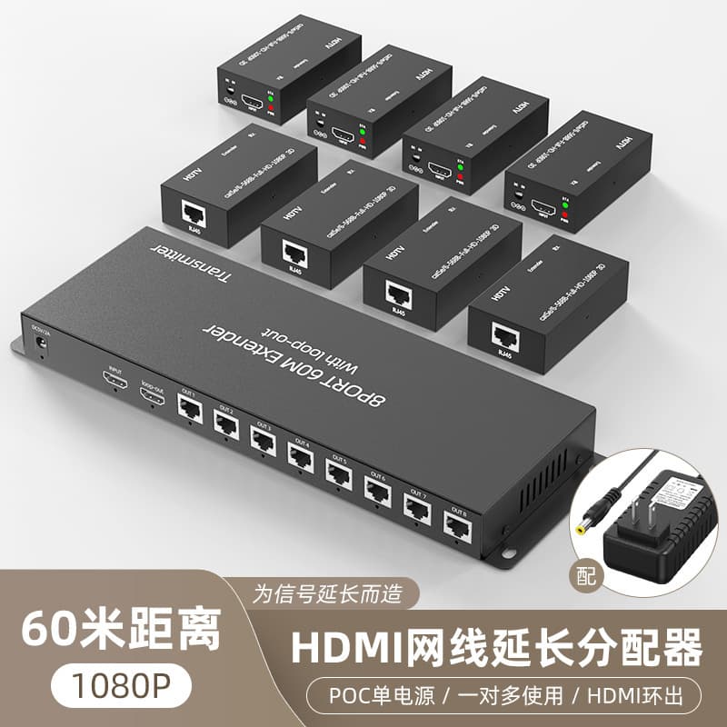 60m HDMI 1-to-8 Extender HDMI Single Network Cable Transmitter 1-to-8 Extender 1080P