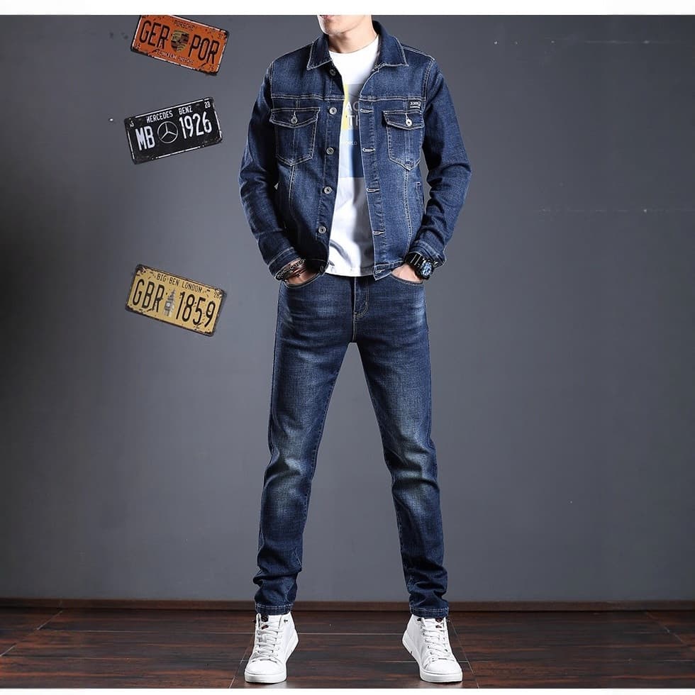 2026 New Korean Style Trendy Denim Suit for Men, Spring/Autumn Slim Fit Niche Versatile Jacket and Pants Two-Piece Set