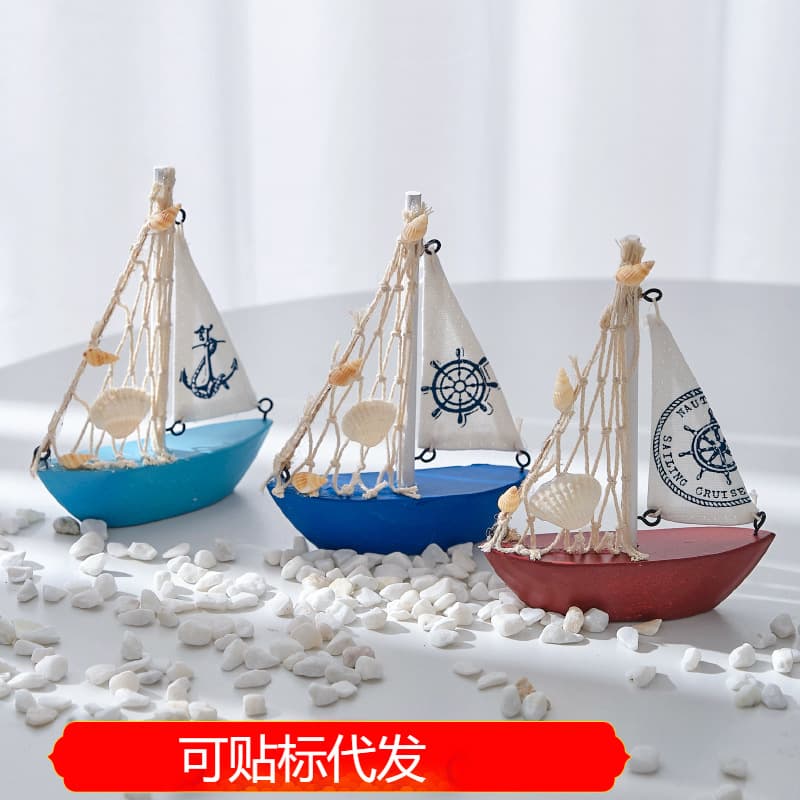 Mediterranean Style Blue and White Shell Boat Ornament Wooden Sailboat Model Small Decorative Piece Children's Creative Handcraft Boat