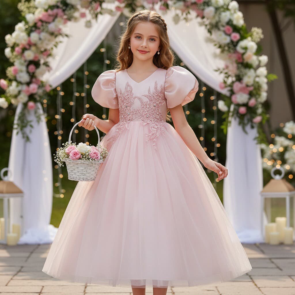 New Girls Princess Dress Satin Puff Sleeve Heavy Craft Long Children's Birthday Gown Wholesale