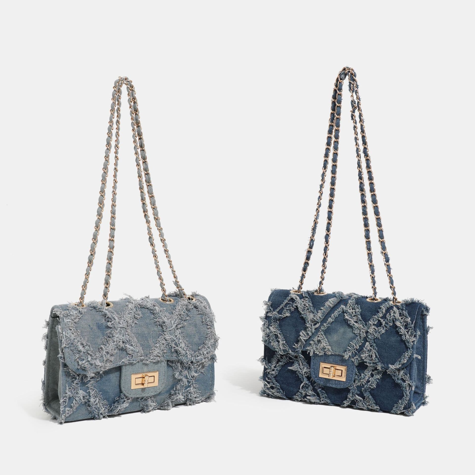 High Quality Denim Shoulder Bag Women's Flip Cover Small Square Bag Chain Fashionable Versatile Urban Minimalist Style Handbag