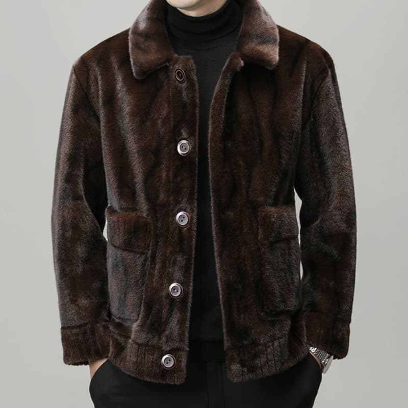 Winter Men's Golden Mink Fur Coat Casual Warm Overcoat High-End Reversible Fur & Leather Two-Way Collar Jacket