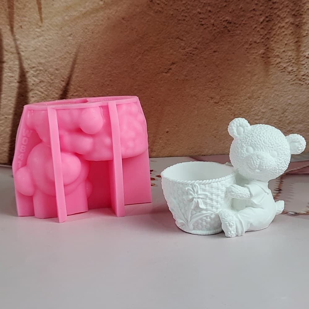 Flower Pot Bear Ornament Candle Plaster DIY Plaster Ornament Candle Holder Silicone Mold W0841